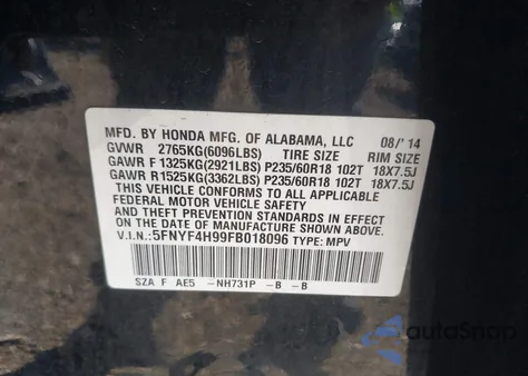 2015 Honda Pilot Touring from USA, damaged, VIN 5FNYF4H99FB018096